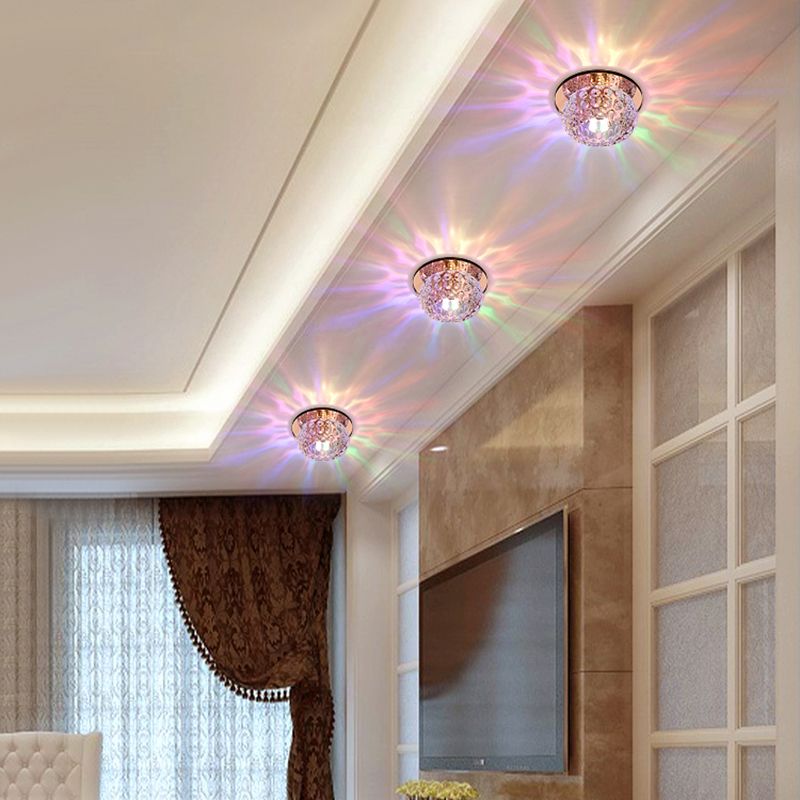Living Room LED Mini Spotlight Decorative Flush Mount Ceiling Light with Circular Clear Crystal Shade