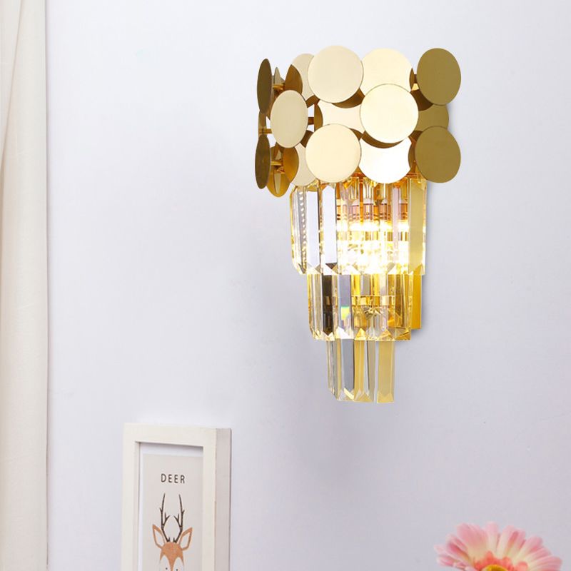 1-Bulb Wall Lighting Modernism Living Room Sconce Light with Tiered Crystal Block Shade in Gold