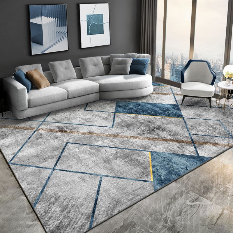 Grey Modern Area Rug Geometric Pattern Polyester Rug Non-Slip Backing Rug for Living Room