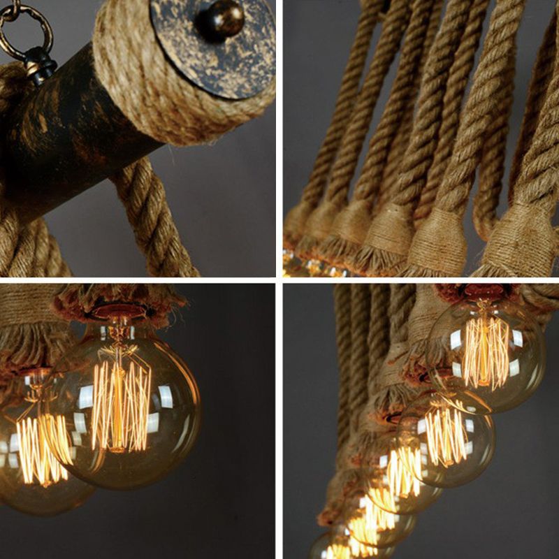 Natural Rope Light-Brown Island Lamp Bare-Bulb Design Industrial Suspension Light Fixture