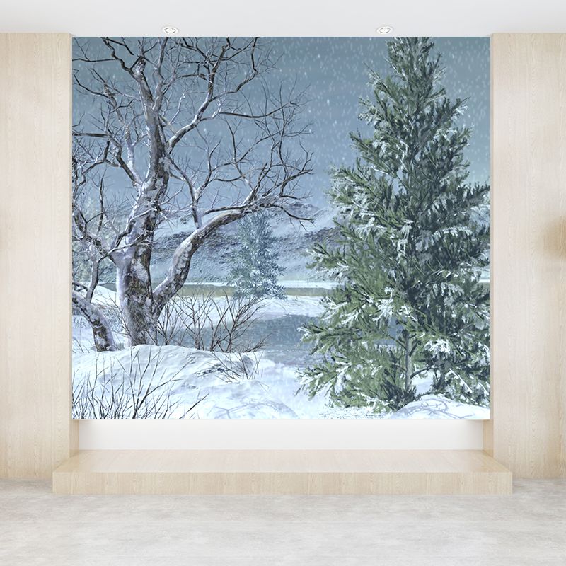 Full Size Illustration Modern Mural Wallpaper with Snow-Covered Landscape in White