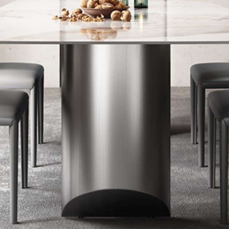 Modern Rectangular Stone Top Dining Table Double Pedestal Metal Base