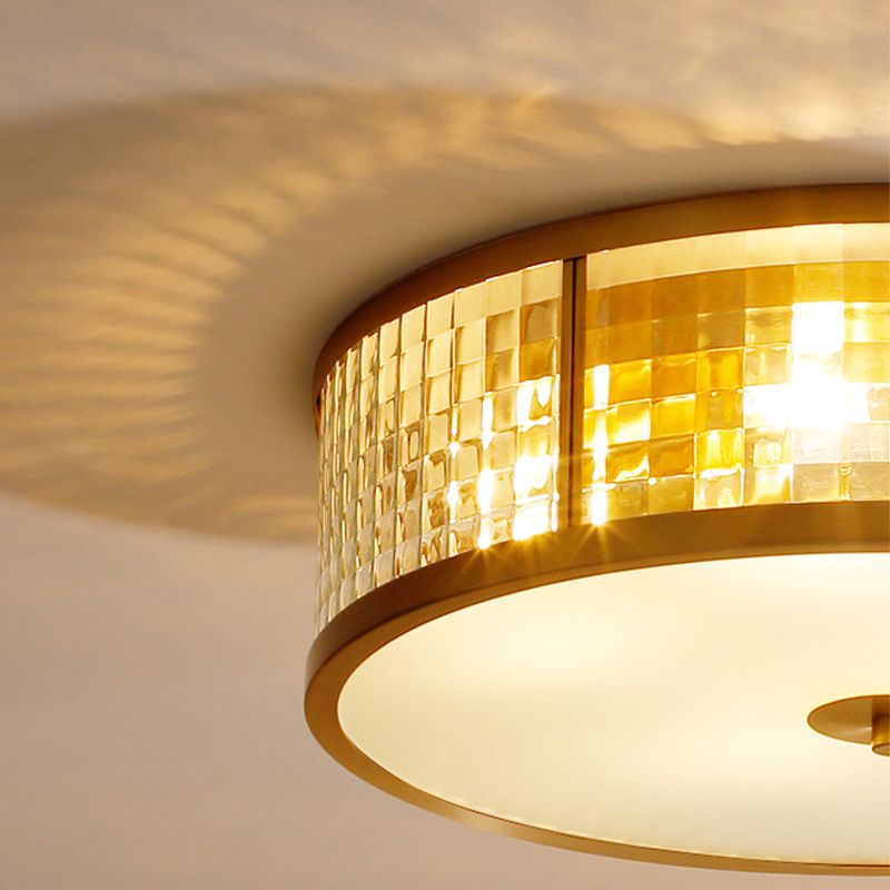 Colonical Artistic Circular Flush Mount Copper Indoor Ceiling Light with Glass Shade