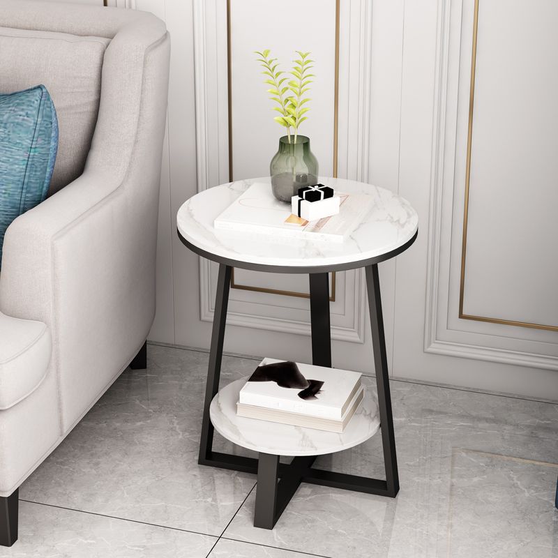 Round Slate Top Side Table 23.6" Tall Iron Cross Legs End Table with Shelf