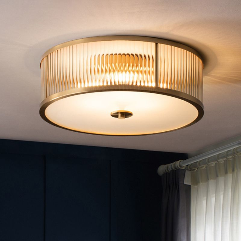 Brass Drum Flush Mount Light Traditional Style Glass Ceiling Light for Bedroom Living Room