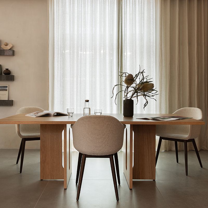 Mesa de comedor rectangular de color madera, mesa de madera maciza, simplicidad con pedestal doble