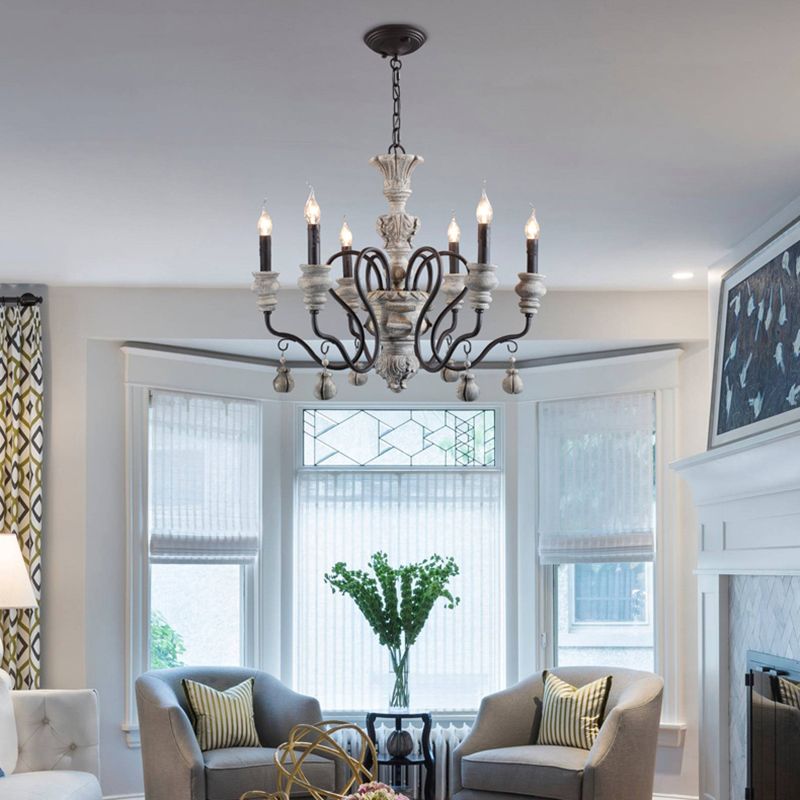 Rustic Style Traditional Candlestick Styling Chandelier Hand-carved Resin Suspension Lighting Fixture for Dining Room