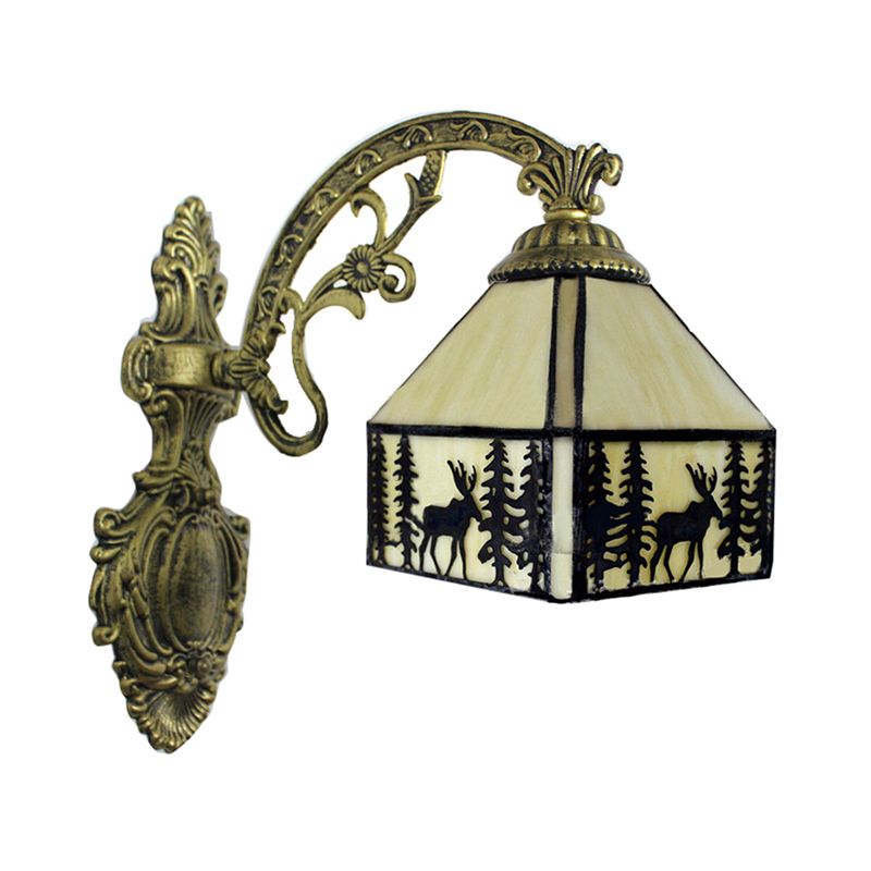 1 Light Forest Deer Wall Light with Lodge Shade Tiffany Rustic Wall Sconce in Beige for Hotel