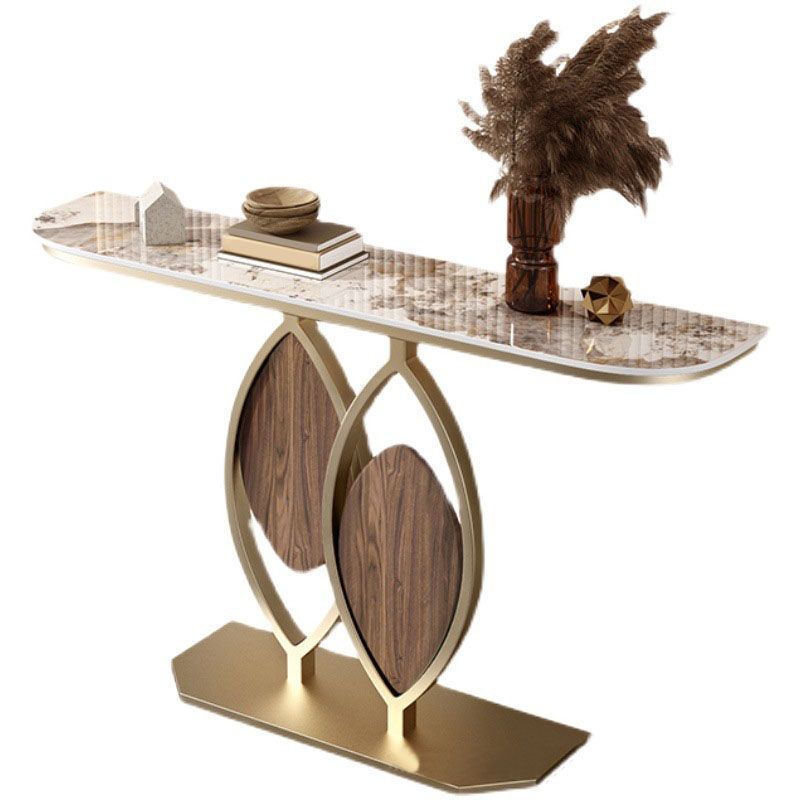 Glam Iron Accent Table Half Moon Stone Sofa Console Table for Hall