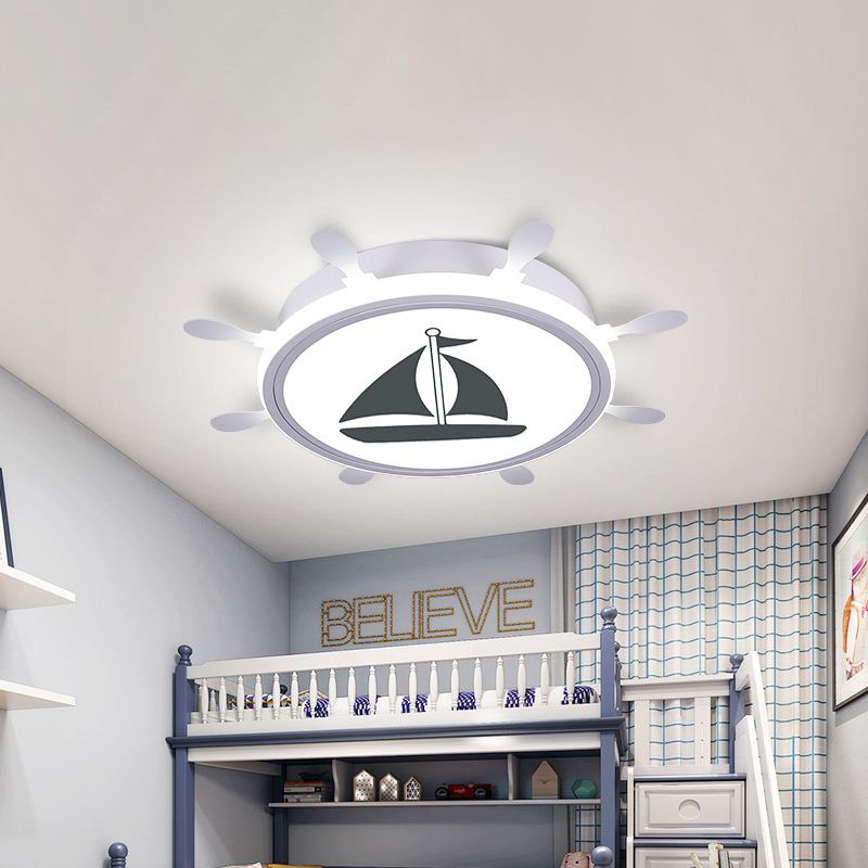 Rudder Flush-Mount Light Fixture Mediterranean Acrylic LED Bedroom Flushmount with Sailboat Pattern in Blue/White, 18"/21.5" W