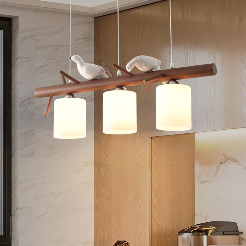 Wood Modern Pendant Light Cylinder Shape Island Light with Glass Shade for Living Room