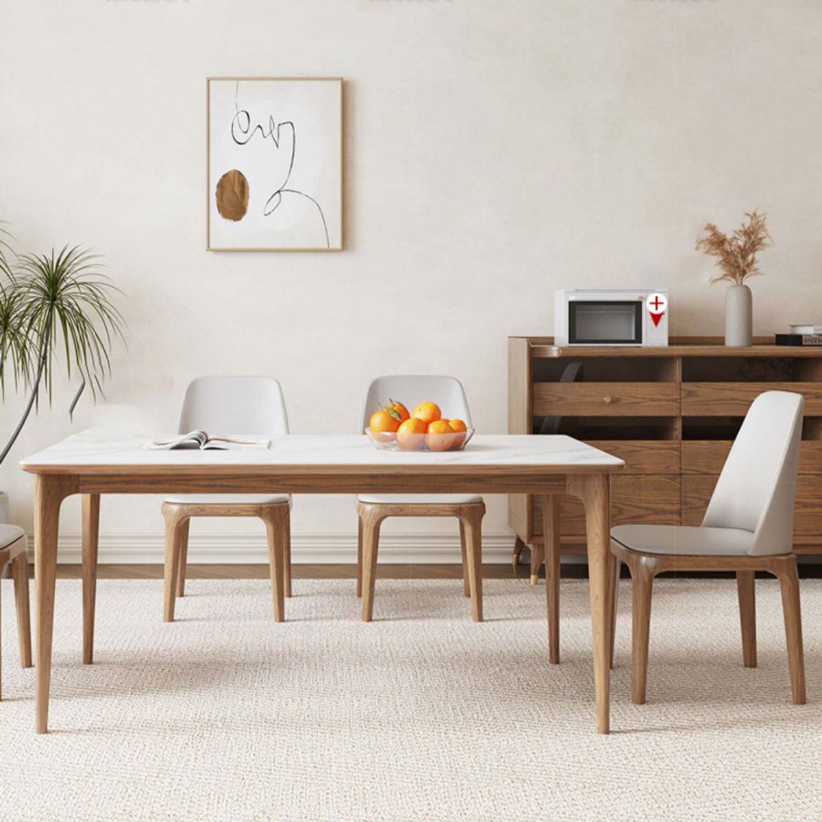 White Stone Top Table with Ash Wood Legs Mid-Century Modern Dining Table