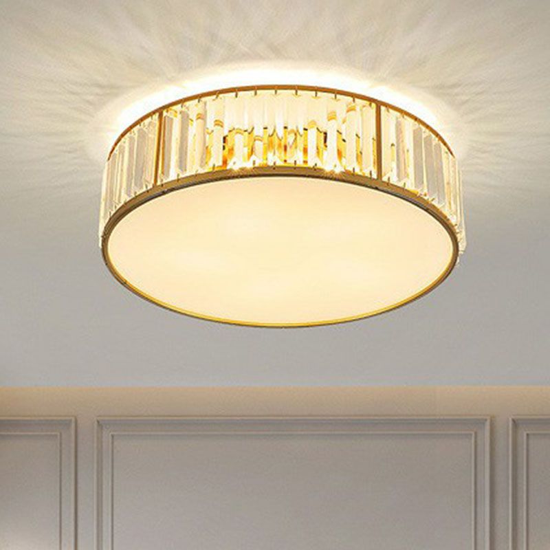 Bedroom Ceiling Mount Light Postmodern Gold Flush Mount Lamp with Drum Crystal Shade