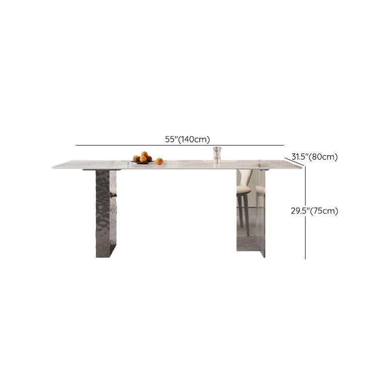 Rectangular Dining Table Grey Stone Table Top Double Pedestal Metal Base