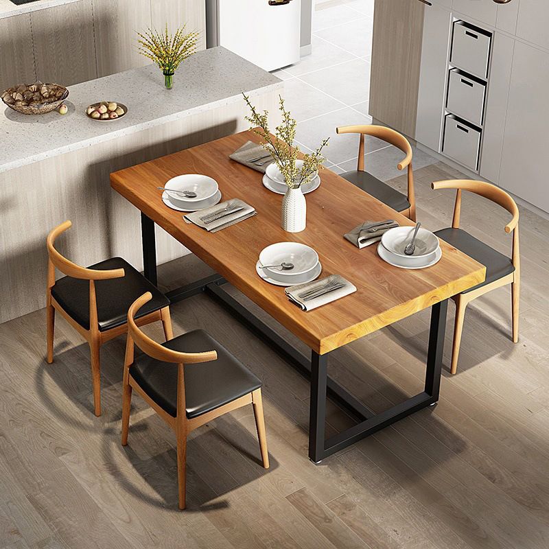 Industrial Rectangle Dining Table Set 1/2/5/6/7 Pieces Natural Solid Wood Dinette Set