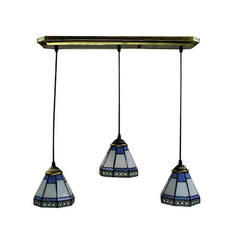 Stained Glass Tapered Swag Lamp Tiffany-Style 3 Heads Blue and White Cluster Pendant Light with Round/Linear Canopy
