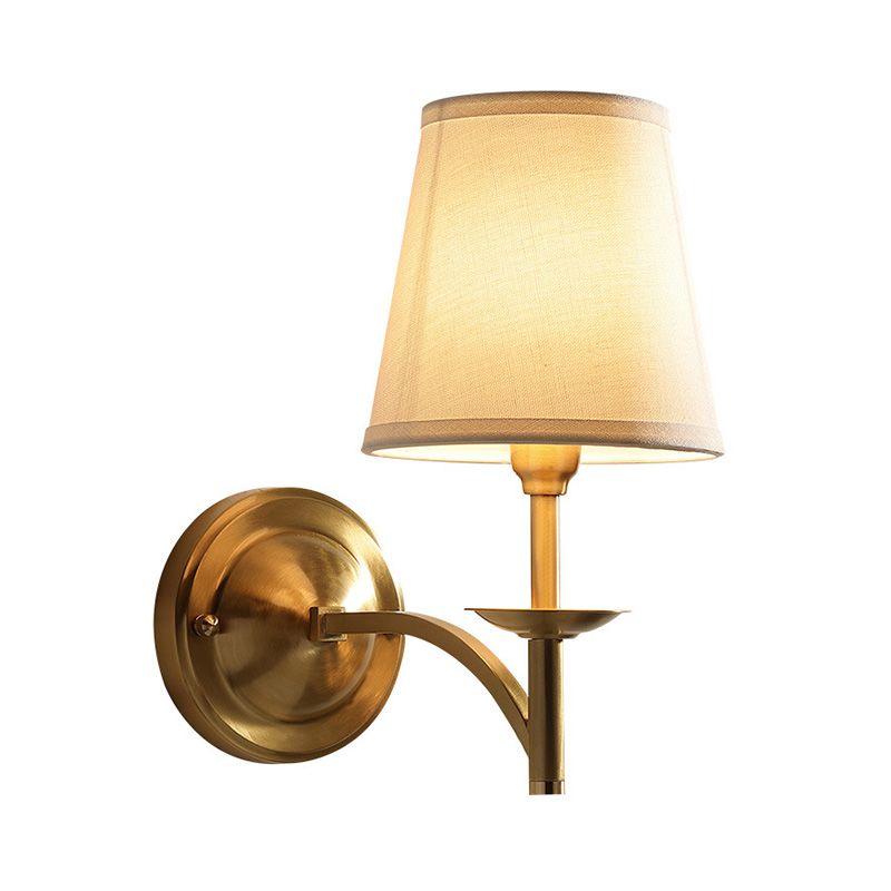 Candelabra Metal Wall Sconce Minimalism 1-Light Living Room Wall Mounted Light with Cone Fabric Shade in Gold