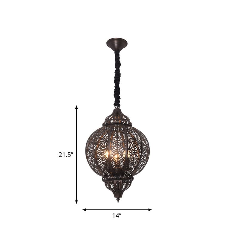 Bronze Globe Ceiling Hanging Lantern Turkish Iron 3-Light Restaurant Hollowed out Chandelier Lamp