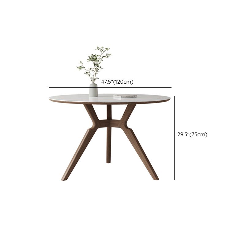 Contemporary Round White Stone Dining Table with Solid Wood Trestle