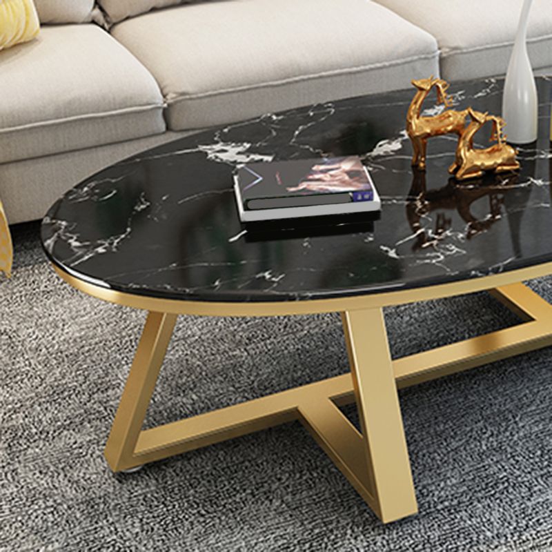 Glam Metal Cross Legs Coffee Table Faux Marble/Slate Oval Coffee Table