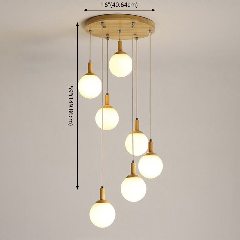 Spiral Stair Ceiling Pendant Simple Wood Multi Hanging Lamp with Ball White Glass Shade