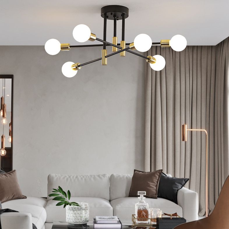 Black and Gold Semi Flush Mount in Industrial Creative Style Wrought Iron Radial Ceiling Light