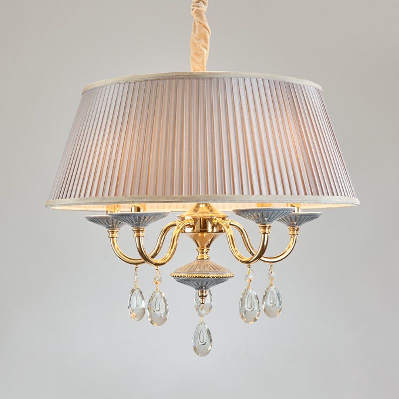 4 teste lampadario a sospensione in tessuto per tamburi minimalista in tessuto minimalista con goccia di cristallo in bianco/grigio