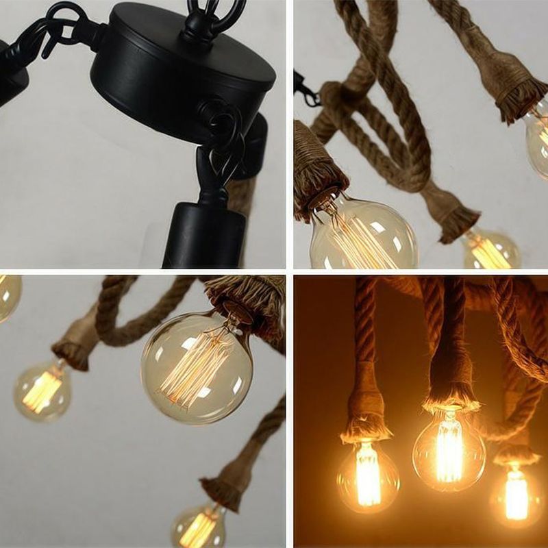 Araña de cáñamo de estilo industrial múltiples luces múltiples accesorio de iluminación de diseño de bomba abierta vintage