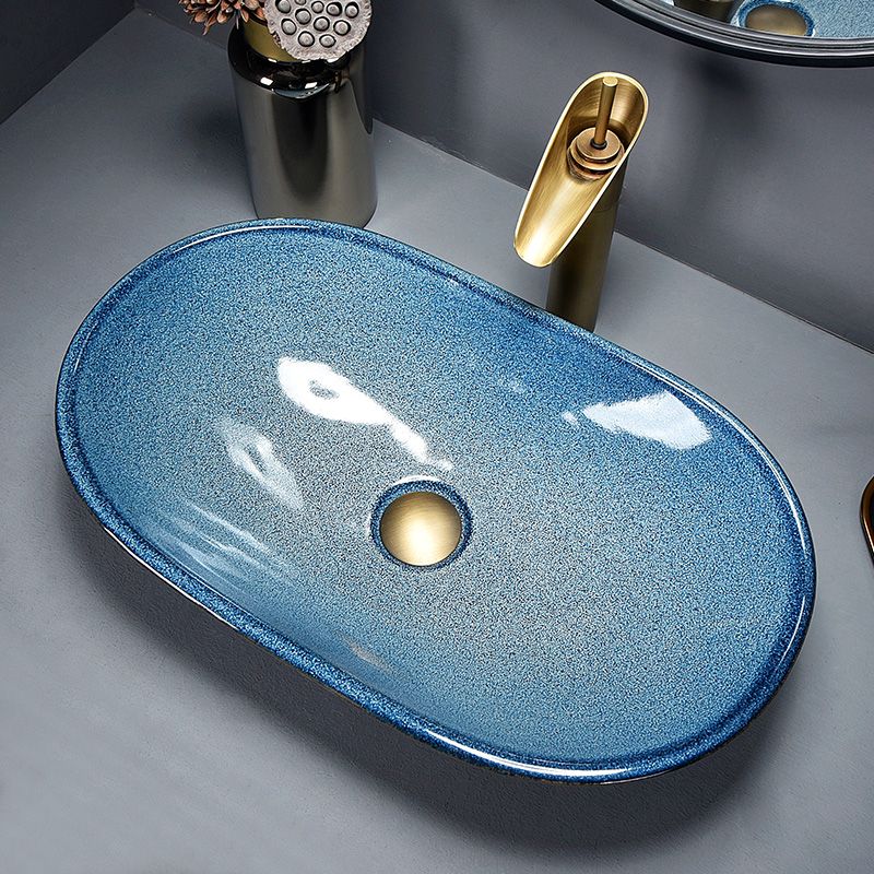 Traditional Vessel Bathroom Sink Oval Porcelain with Overflow and Drain Assembly Vessel