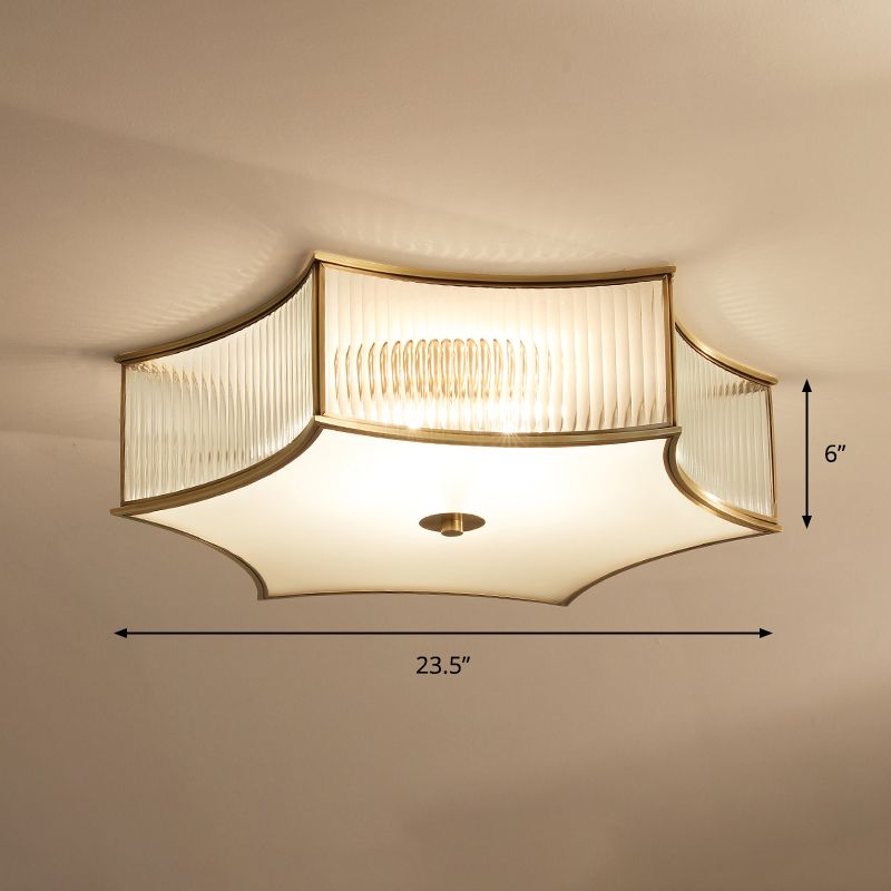 Or Hexagramme Flushmount Ceiling Lamp Simplicité Effacer Rib Verre Bédouer Légère