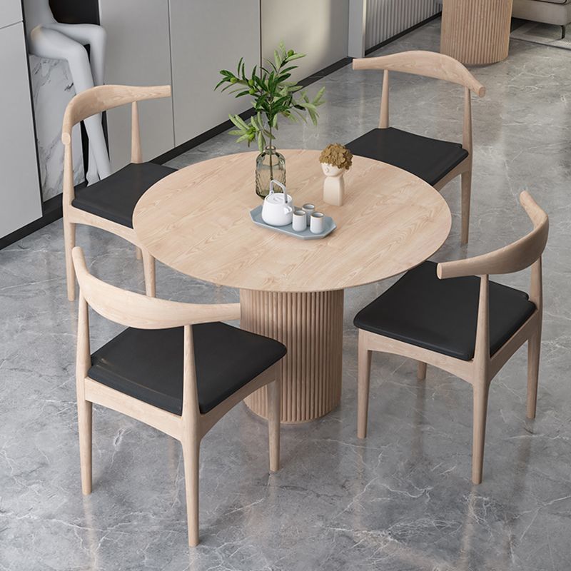 Round Pedestal Casual Dining Table Light Wood Color Fixed Table with Pinewood Solid Wood