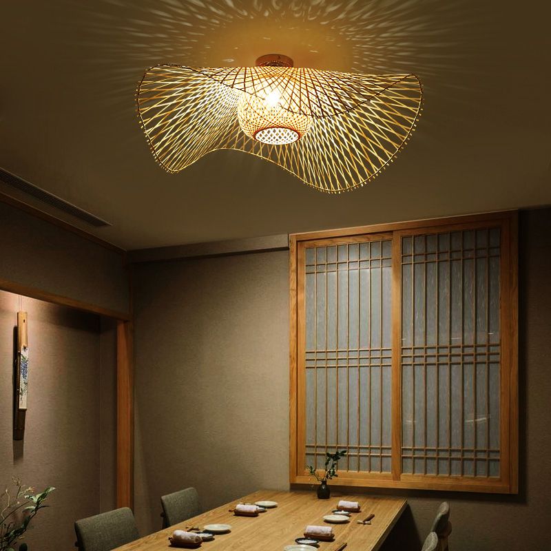 Asian Style Ceiling Lamp Bamboo Flush Mount Lighting for Bedroom