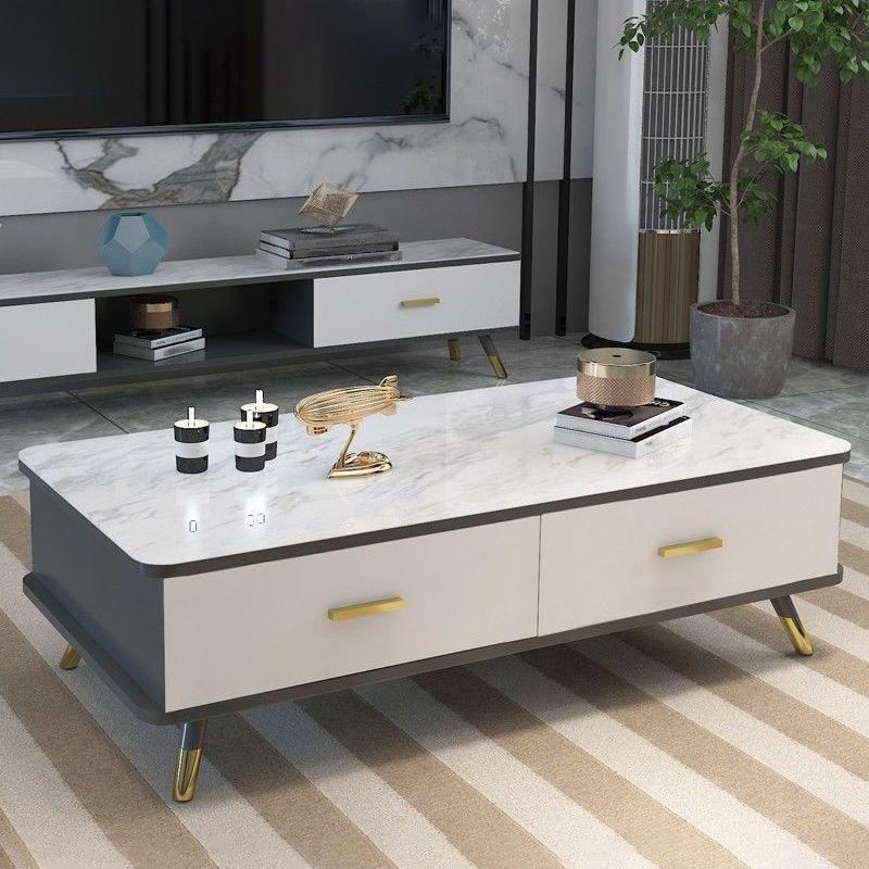Contemporary Wooden Coffee Table with 4 Legs and 2 Storage Drawers