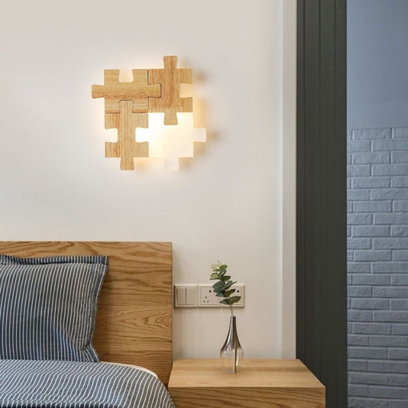 Jigsaw Puzzle Sconce Light Simple LED Wood Wall Lighting Fixture with Opal Glass Shade for Bedroom