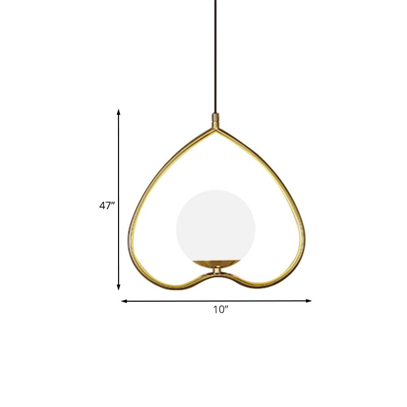 Pendulum singolo post-moderno Pendulum chiaro amante amante del cuore con telaio metallico e sfera di vetro opale
