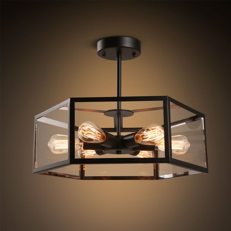 Hexagonal Glass Chandelier Light Fixture Industrial 6 Bulbs Suspension Light in Black
