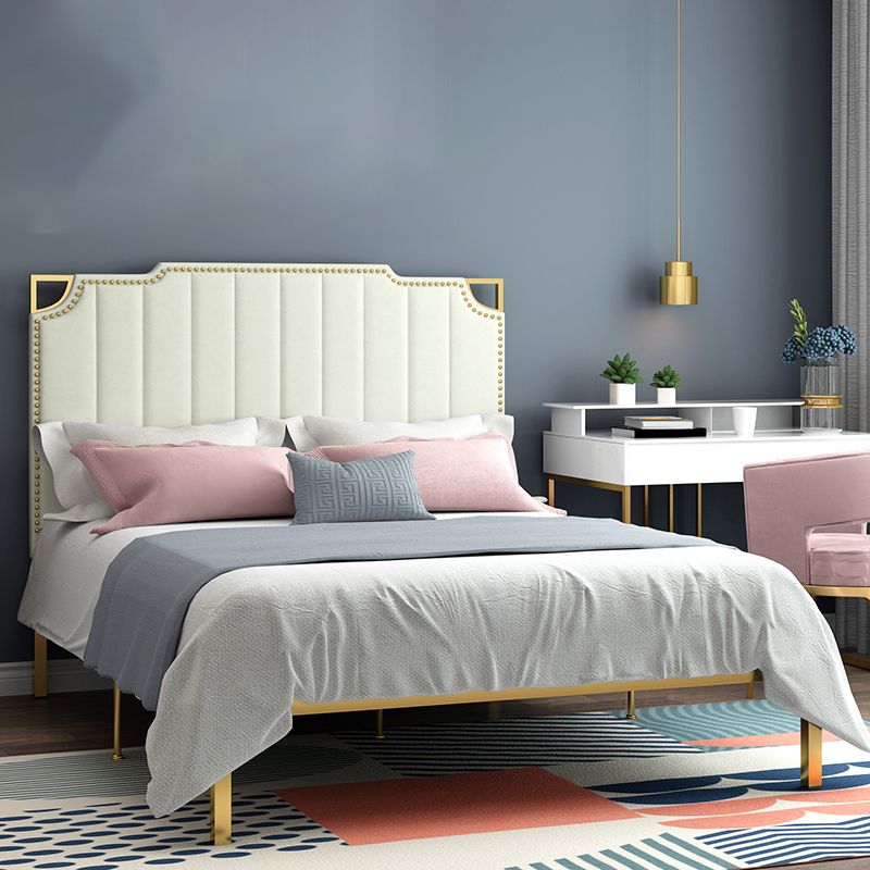 Nailhead Upholstered Bed with Headboard Metal Bed Frame in Gold