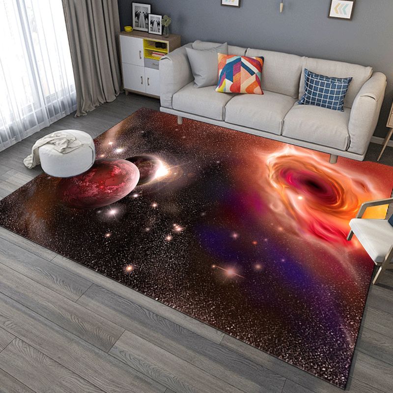 Contemporary Modern Rug in Orange and Black Outer Space Planet Pattern Rug Polyester Washable Carpet for Home Decoration