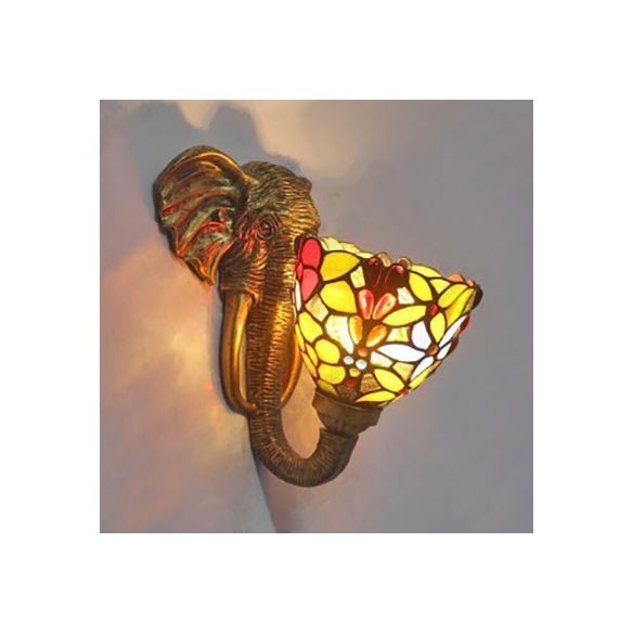 Bowl Sconce Lighting with Elephant Design and Flower/Morning Glory/Dragonfly/Blue Flower Pattern Lodge Style Stained Glass Wall Lamp in Brass