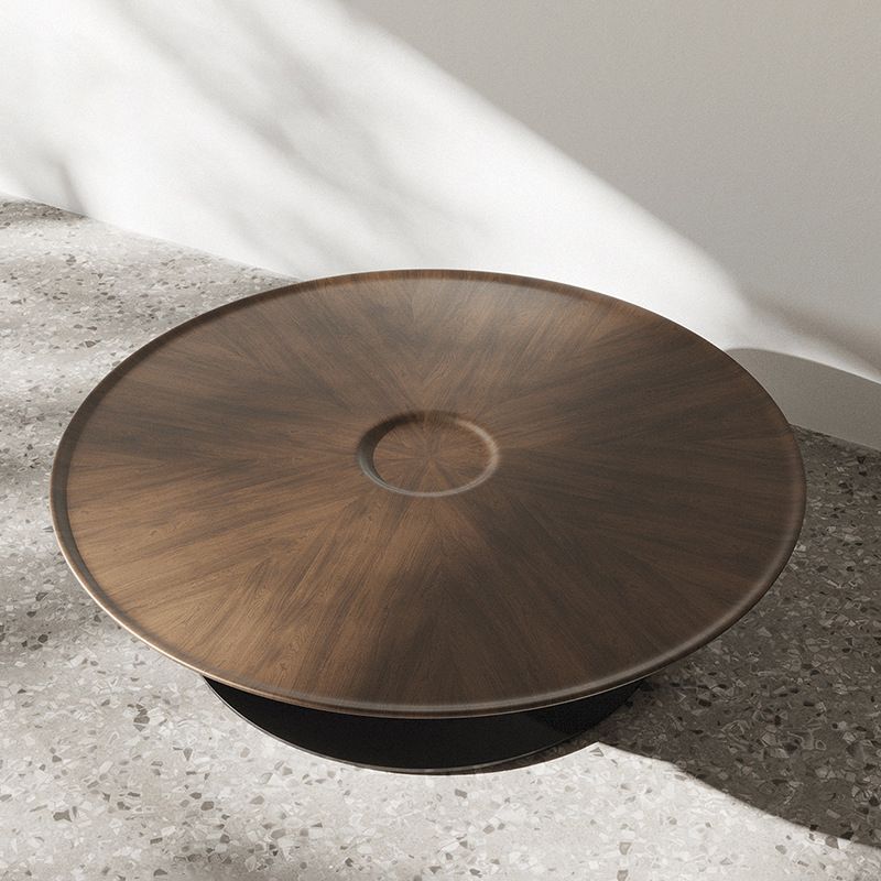 Modern Style Wood Table with Round Black Metal Abstract Base Coffee Table
