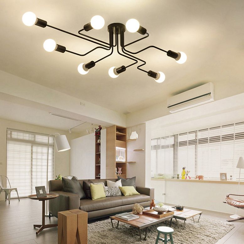 Black Bare Bulb Ceiling Lighting Retro Iron Angled Tangle Semi Flush Mount Lighting for Living Room