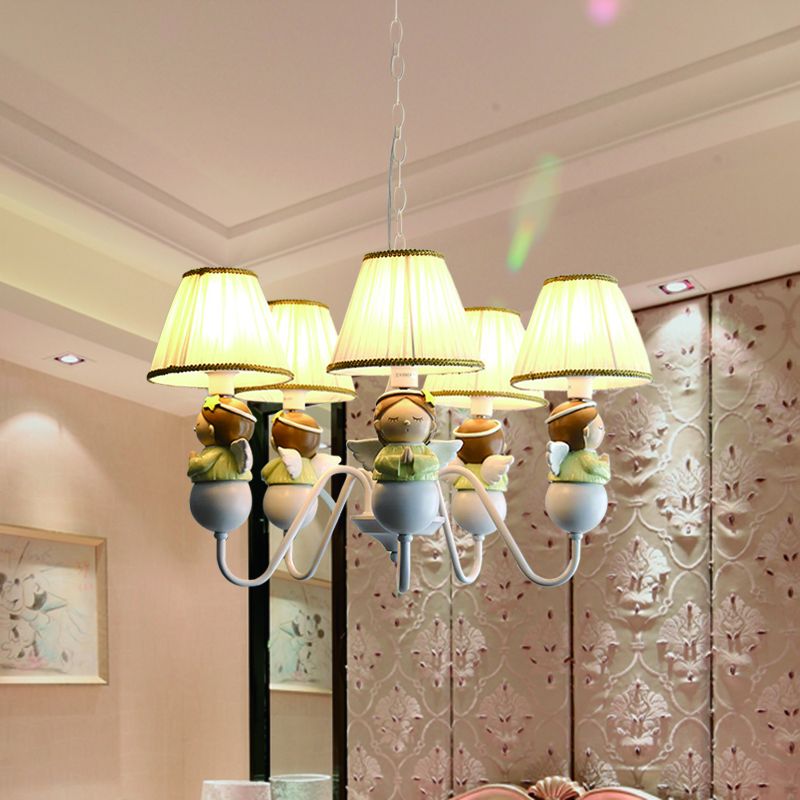 Fabric Conical Hanging Light Cartoon 5 Heads White Chandelier Lamp with Angel Decoration