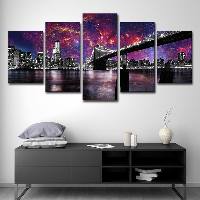 Purple Night Cityscape Canvas Art Brooklyn Bridge Modernist Multi-Piece Wall Decor