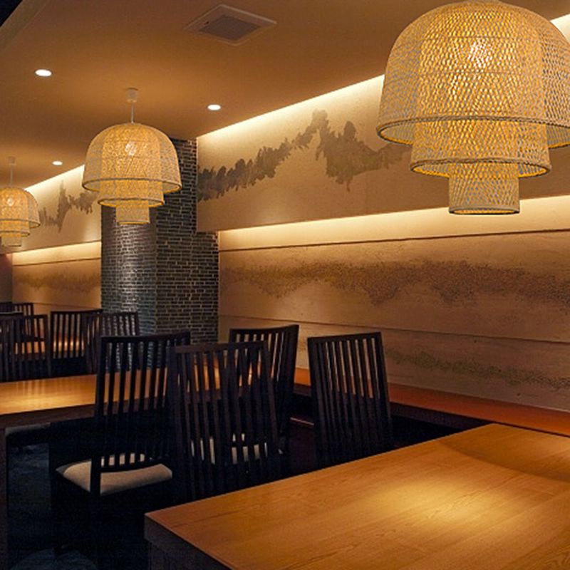 1-Light Rattan Japanese Pendant Light Beige Down Lighting for Dining Room