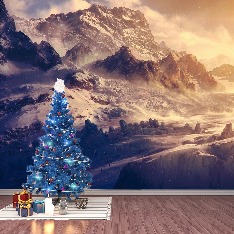 Nightfall Snow Mountain Wallpaper Mural Modern Smooth Wall Art in Brown for Living Room