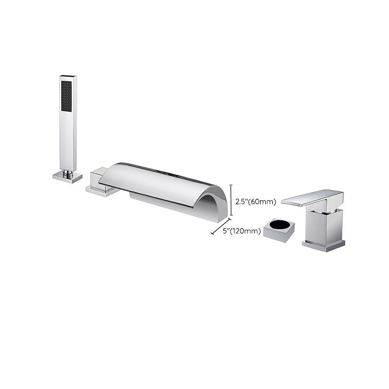 Modern Waterfall Tub Spout 2 Handles Deck Mount Roman Tub Faucet in Black and Chrome