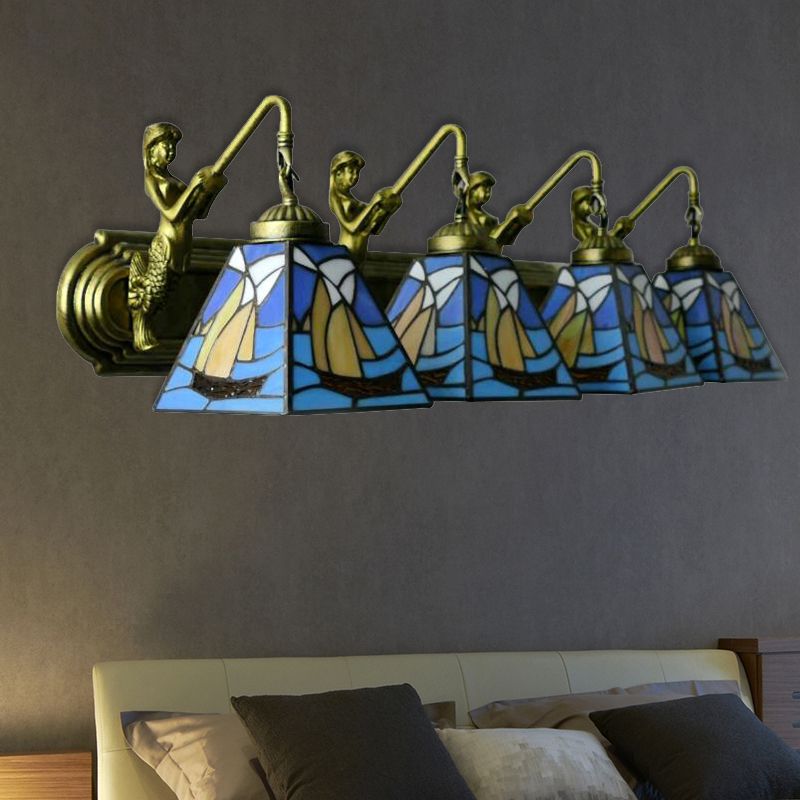 Stained Glass Blue Sconce Light Sailboat 4 Heads Mediterranean Wall Mount Light Fixture