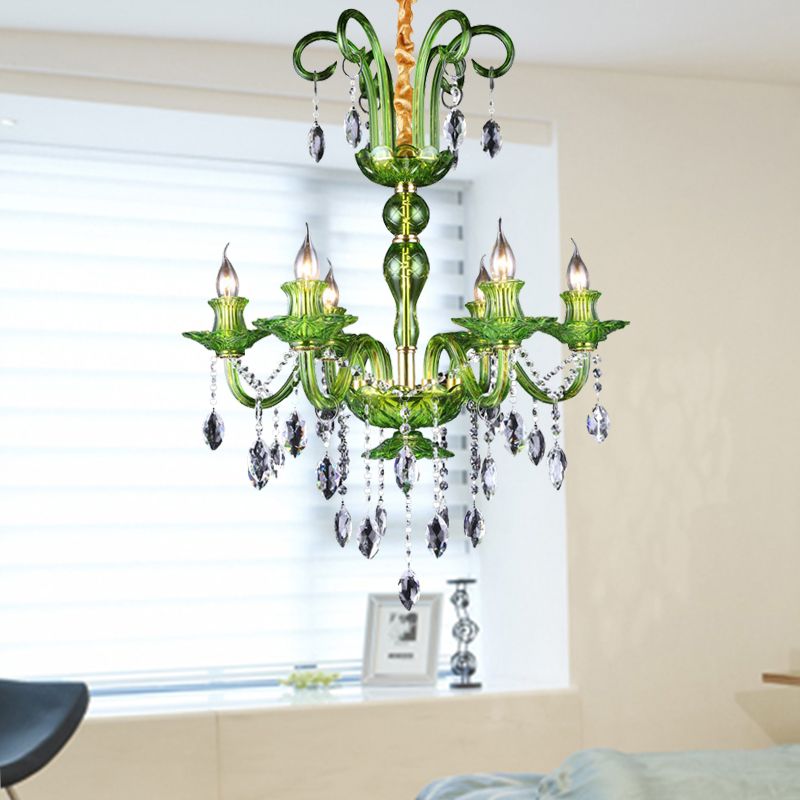 Candle Green Glass Chandelier Lamp Traditional 6 Heads Dining Room Hanging Ceiling Light with Crystal Drip Decoration