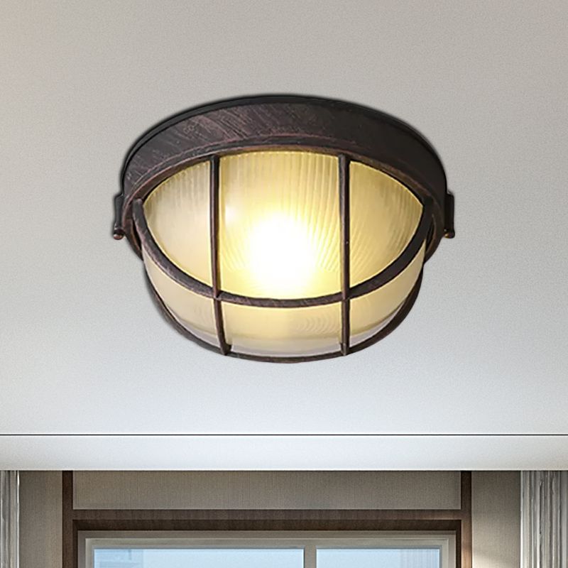 Plafonnier à lumière unique rouille, luminaire encastré à dôme en verre nervuré rustique avec cage