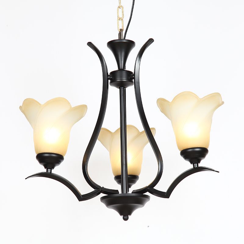 1/2-Tier Flower White Glass Chandelier Lighting Traditional 3/6/8 Lights Black Living Room Hanging Ceiling Lamp